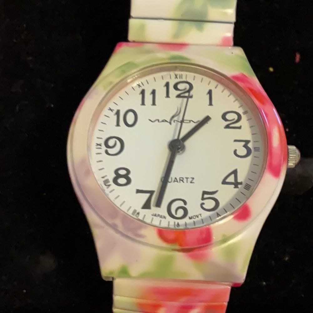 Floral Patterned Watch with Silver Accents